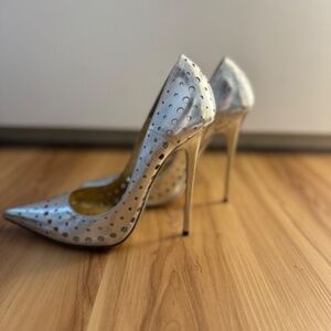 JIMMY CHOO Silver Mirror Perforated Leather Mime Pumps